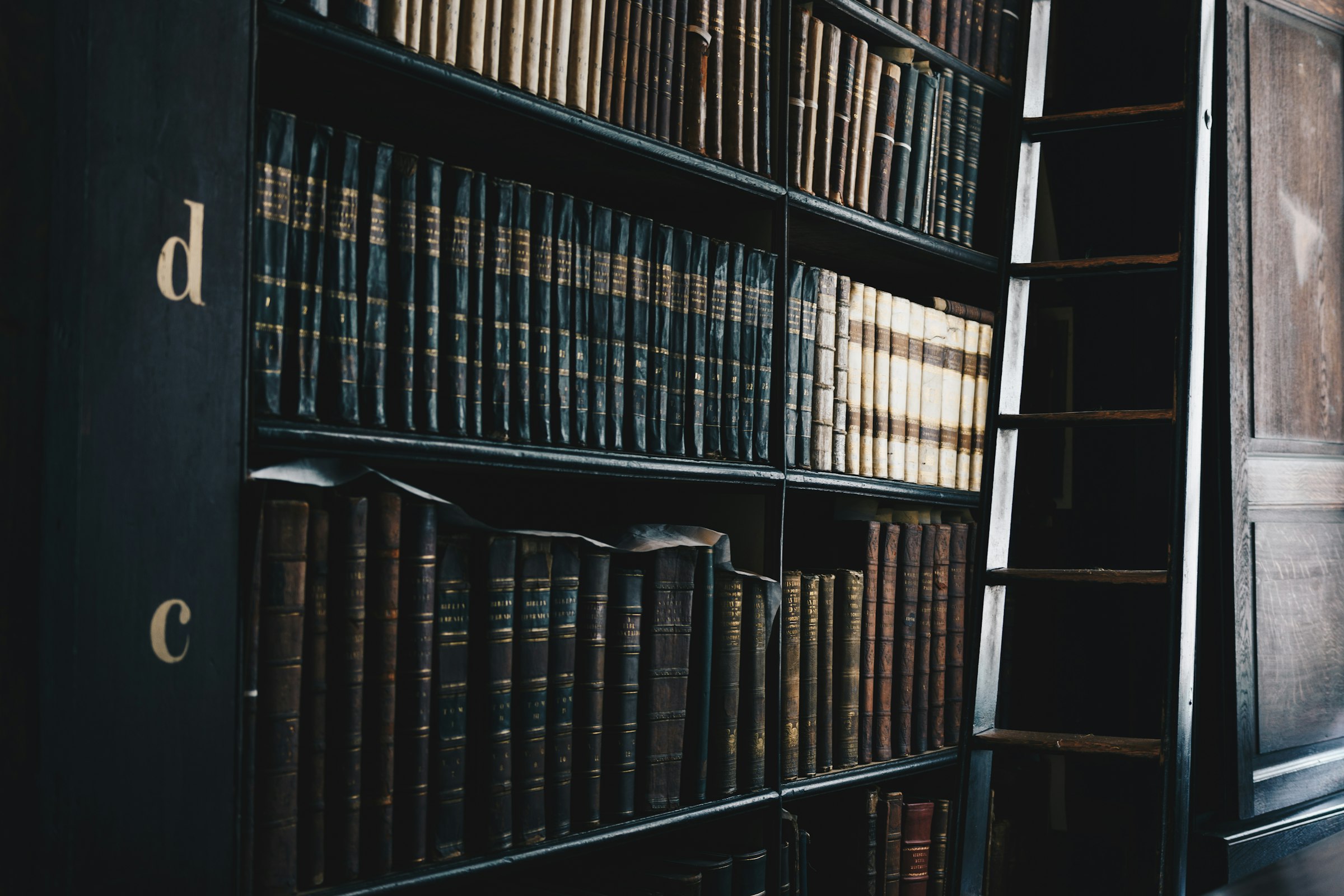 A wall of leather-bound books in a sanctuary library.